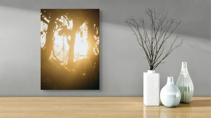 Tablou Canvas, "Lumina soarelui printre crenguțe verzi", Lumină, Siluete, Mister, Natură, Răsfirare, Contrast, Frunziș, 39 x 54 cm – poza 4