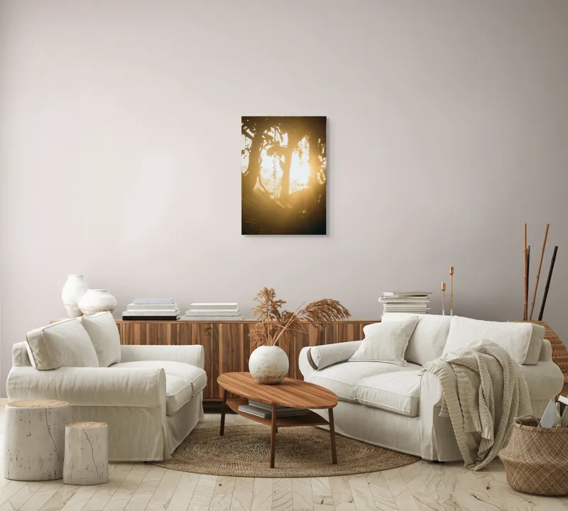 Tablou Canvas, "Lumina soarelui printre crenguțe verzi", Lumină, Siluete, Mister, Natură, Răsfirare, Contrast, Frunziș, 50 x 70 cm – poza 4