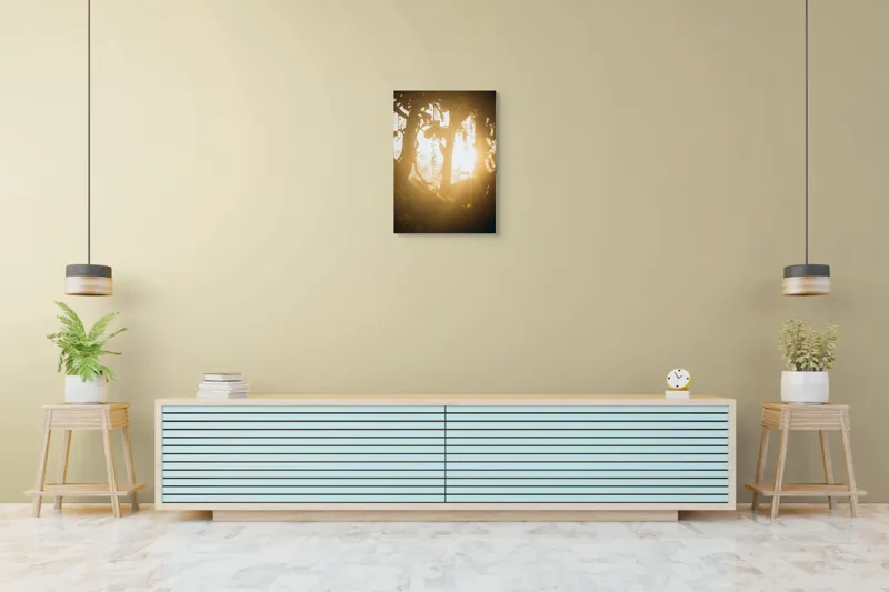 Tablou Canvas, "Lumina soarelui printre crenguțe verzi", Lumină, Siluete, Mister, Natură, Răsfirare, Contrast, Frunziș, 50 x 70 cm – poza 6