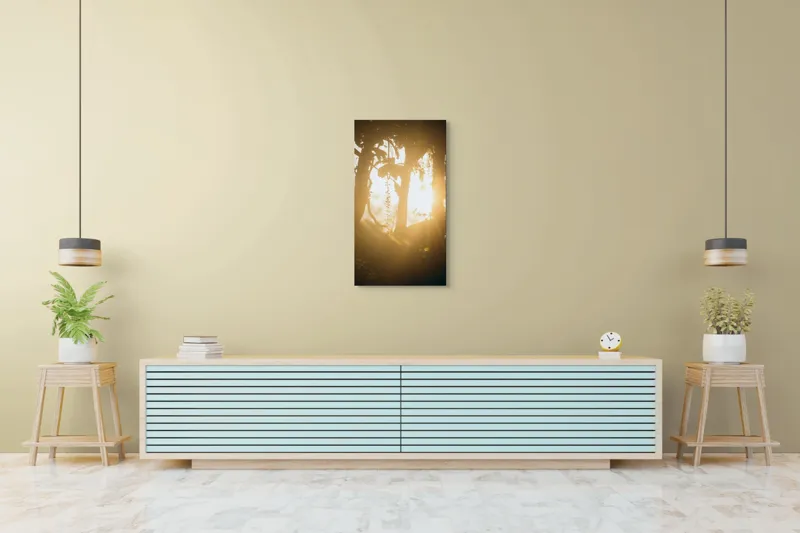 Tablou Canvas, "Lumina soarelui printre crenguțe verzi", Lumină, Siluete, Mister, Natură, Răsfirare, Contrast, Frunziș, 50 x 90 cm – poza 6