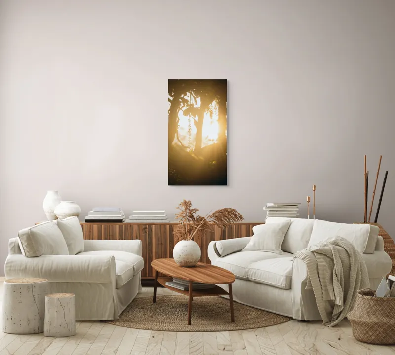 Tablou Canvas, "Lumina soarelui printre crenguțe verzi", Lumină, Siluete, Mister, Natură, Răsfirare, Contrast, Frunziș, 50 x 90 cm – poza 7