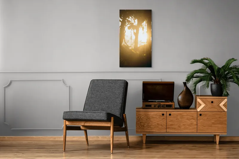 Tablou Canvas, "Lumina soarelui printre crenguțe verzi", Lumină, Siluete, Mister, Natură, Răsfirare, Contrast, Frunziș, 50 x 90 cm – poza 8