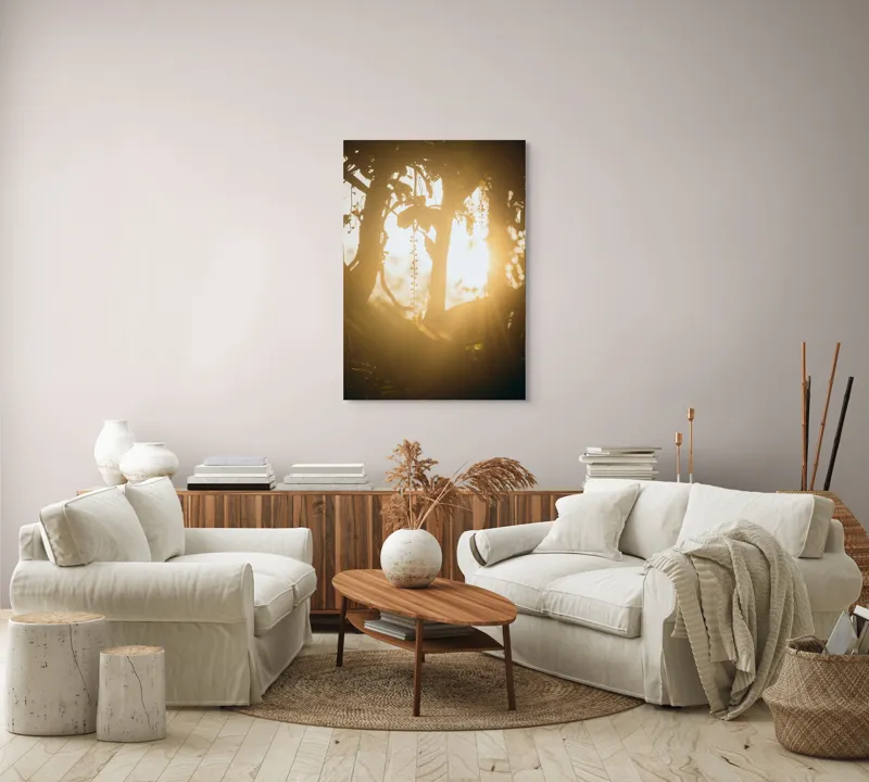 Tablou Canvas, "Lumina soarelui printre crenguțe verzi", Lumină, Siluete, Mister, Natură, Răsfirare, Contrast, Frunziș, 70 x 100 cm – poza 4