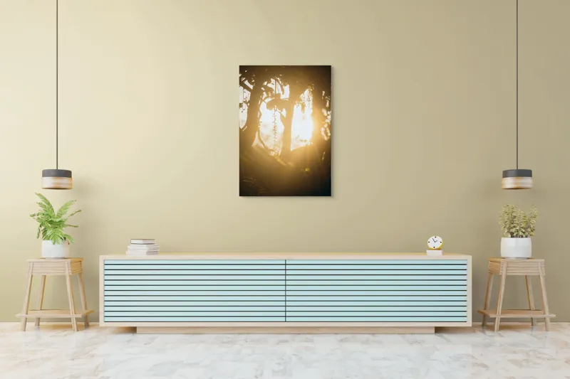 Tablou Canvas, "Lumina soarelui printre crenguțe verzi", Lumină, Siluete, Mister, Natură, Răsfirare, Contrast, Frunziș, 70 x 100 cm – poza 5