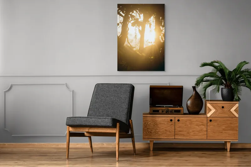 Tablou Canvas, "Lumina soarelui printre crenguțe verzi", Lumină, Siluete, Mister, Natură, Răsfirare, Contrast, Frunziș, 70 x 100 cm – poza 6