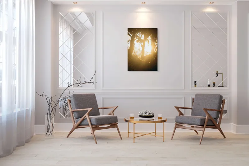 Tablou Canvas, "Lumina soarelui printre crenguțe verzi", Lumină, Siluete, Mister, Natură, Răsfirare, Contrast, Frunziș, 70 x 100 cm – poza 8