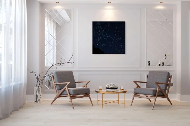 Tablou Canvas, "Cerul nopții în mișcare continuă", Stele, Cer, Noapte, Mișcare, Lumină, Pădure, Liniște, Mister, Univers, Infinit., 100 x 100 cm – poza 7
