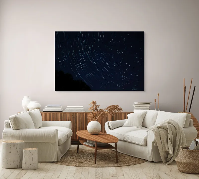 Tablou Canvas, "Cerul nopții în mișcare continuă", Stele, Cer, Noapte, Mișcare, Lumină, Pădure, Liniște, Mister, Univers, Infinit., 150 x 100 cm – poza 3