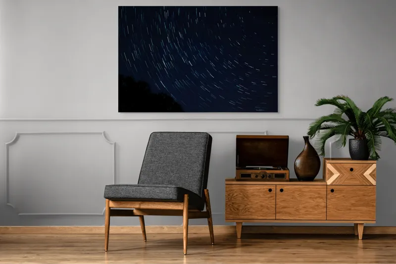 Tablou Canvas, "Cerul nopții în mișcare continuă", Stele, Cer, Noapte, Mișcare, Lumină, Pădure, Liniște, Mister, Univers, Infinit., 150 x 100 cm – poza 8