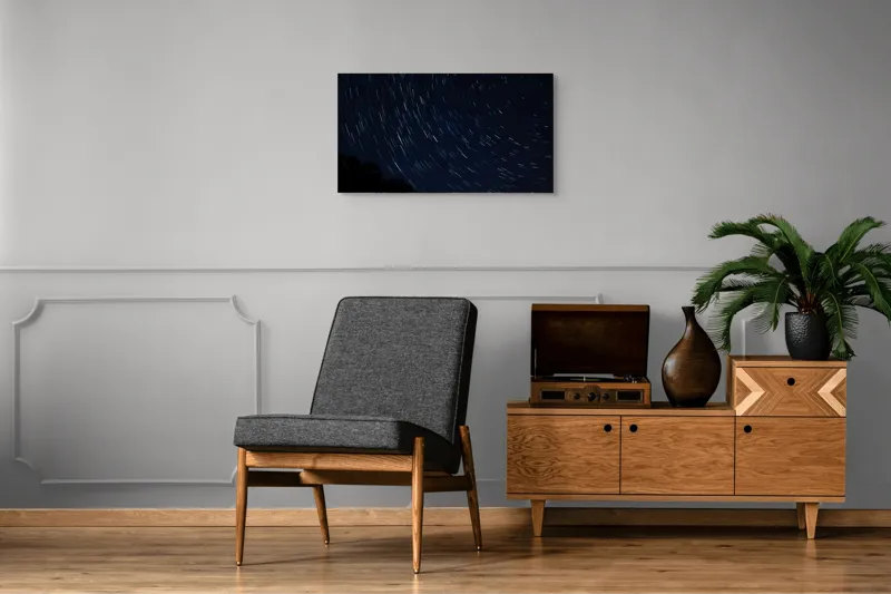 Tablou Canvas, "Cerul nopții în mișcare continuă", Stele, Cer, Noapte, Mișcare, Lumină, Pădure, Liniște, Mister, Univers, Infinit., 90 x 50 cm – poza 6