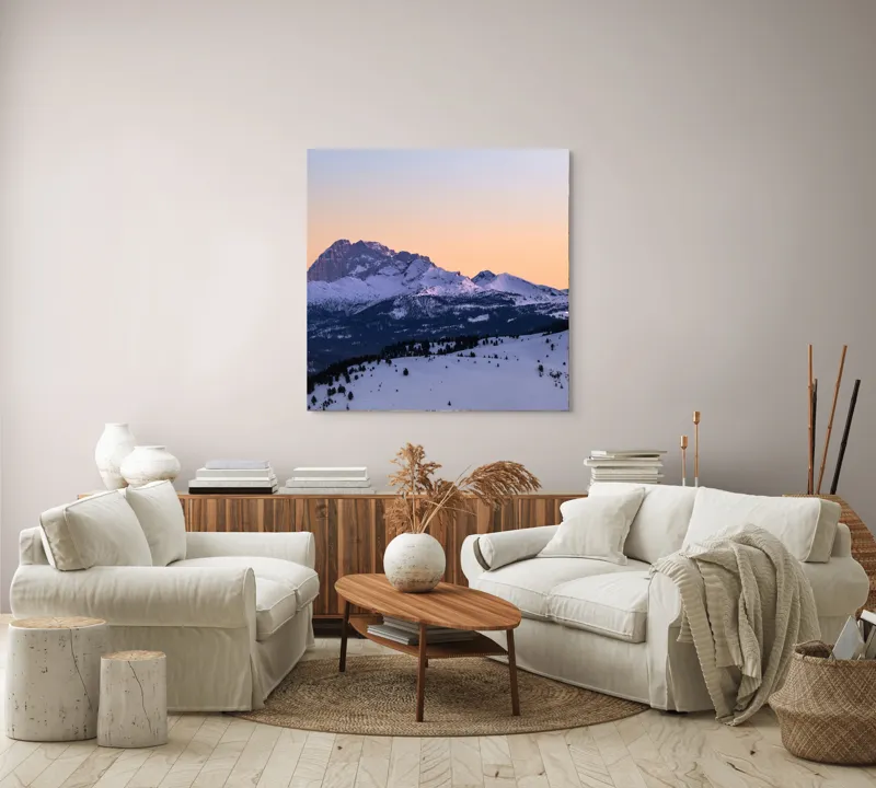 Tablou Canvas, "Răsărit peste munții înzăpeziți ai iernii", Munte, Zăpadă, Apus, Cer, Pădure, Liniște, Peisaj, Frumusețe, Natură, 100 x 100 cm – poza 3
