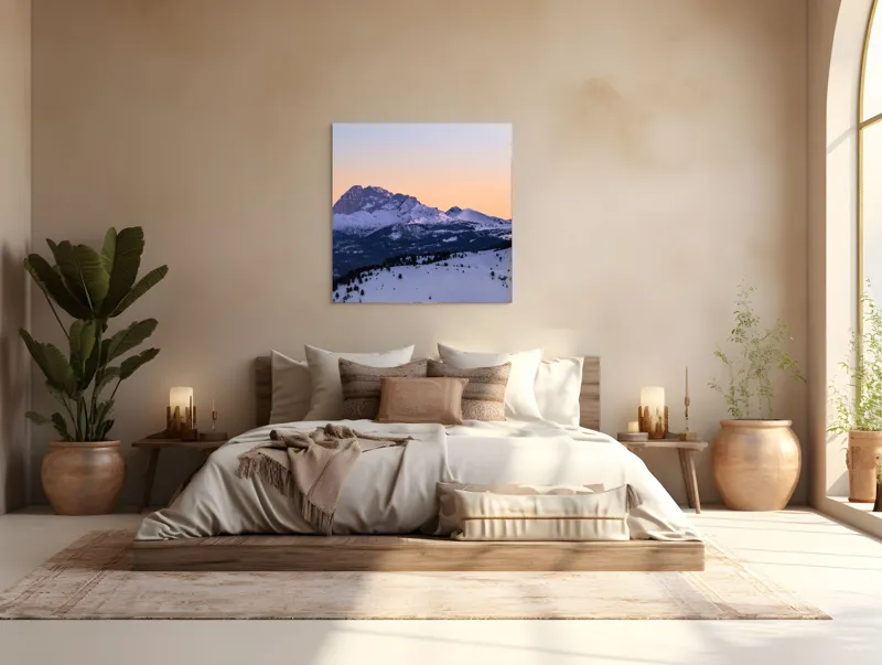 Tablou Canvas, "Răsărit peste munții înzăpeziți ai iernii", Munte, Zăpadă, Apus, Cer, Pădure, Liniște, Peisaj, Frumusețe, Natură, 100 x 100 cm – poza 4