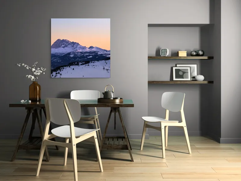 Tablou Canvas, "Răsărit peste munții înzăpeziți ai iernii", Munte, Zăpadă, Apus, Cer, Pădure, Liniște, Peisaj, Frumusețe, Natură, 100 x 100 cm – poza 6