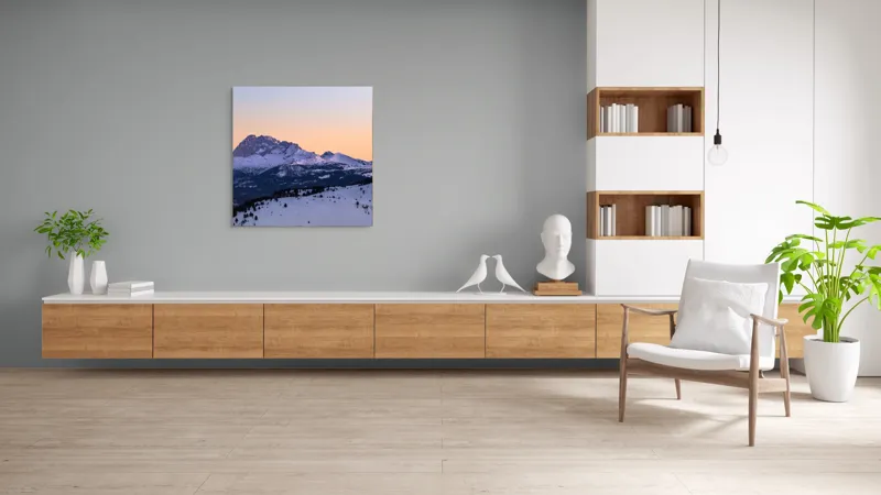 Tablou Canvas, "Răsărit peste munții înzăpeziți ai iernii", Munte, Zăpadă, Apus, Cer, Pădure, Liniște, Peisaj, Frumusețe, Natură, 100 x 100 cm – poza 8