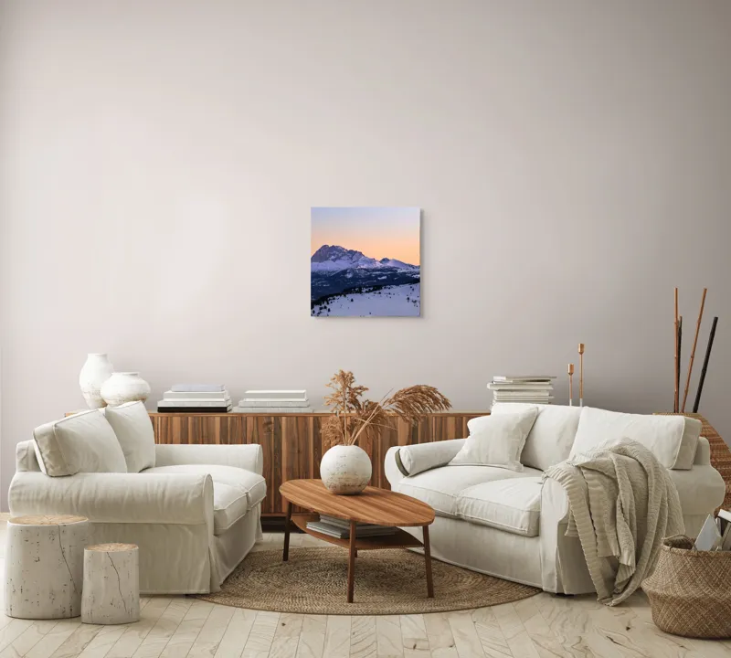 Tablou Canvas, "Răsărit peste munții înzăpeziți ai iernii", Munte, Zăpadă, Apus, Cer, Pădure, Liniște, Peisaj, Frumusețe, Natură, 50 x 50 cm – poza 7