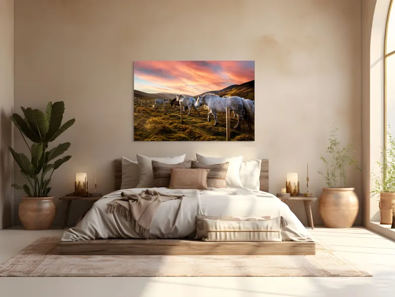 Tablou Canvas, "Cai în amurg pe dealuri sub cerceaf de apus", Calm, Peisaj, Căi, Asfințit, Cer, Munți, Gard, Paradis, Pășune, Frumusețe, 150 x 100 cm – poza 4