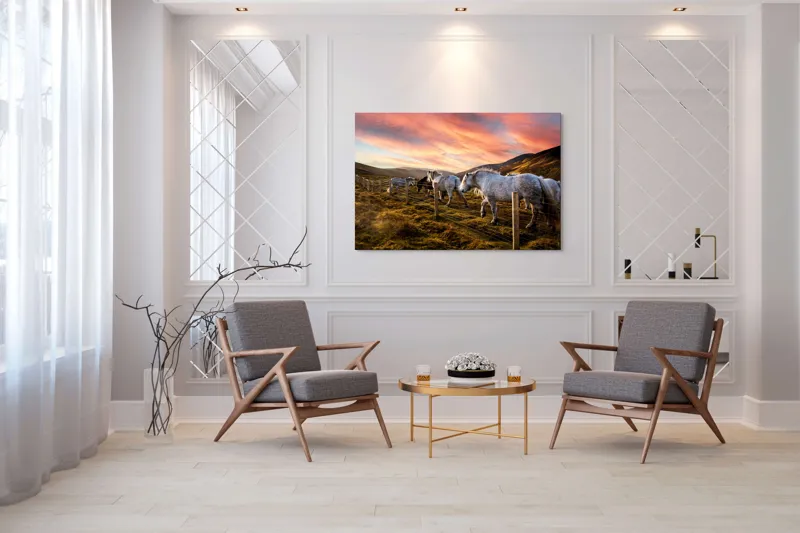 Tablou Canvas, "Cai în amurg pe dealuri sub cerceaf de apus", Calm, Peisaj, Căi, Asfințit, Cer, Munți, Gard, Paradis, Pășune, Frumusețe, 150 x 100 cm – poza 7