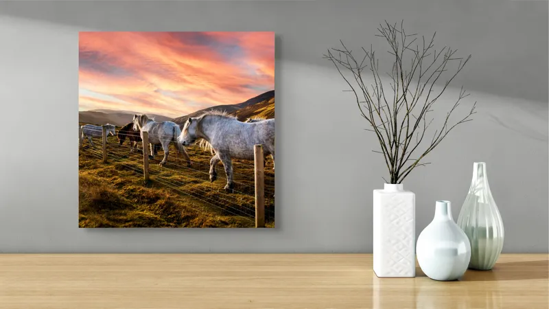 Tablou Canvas, "Cai în amurg pe dealuri sub cerceaf de apus", Calm, Peisaj, Căi, Asfințit, Cer, Munți, Gard, Paradis, Pășune, Frumusețe, 50 x 50 cm – poza 3