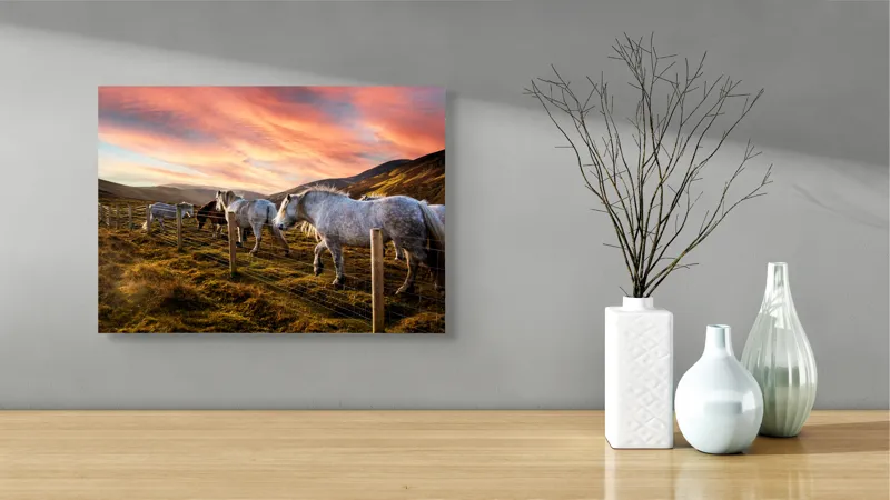 Tablou Canvas, "Cai în amurg pe dealuri sub cerceaf de apus", Calm, Peisaj, Căi, Asfințit, Cer, Munți, Gard, Paradis, Pășune, Frumusețe, 54 x 39 cm – poza 3