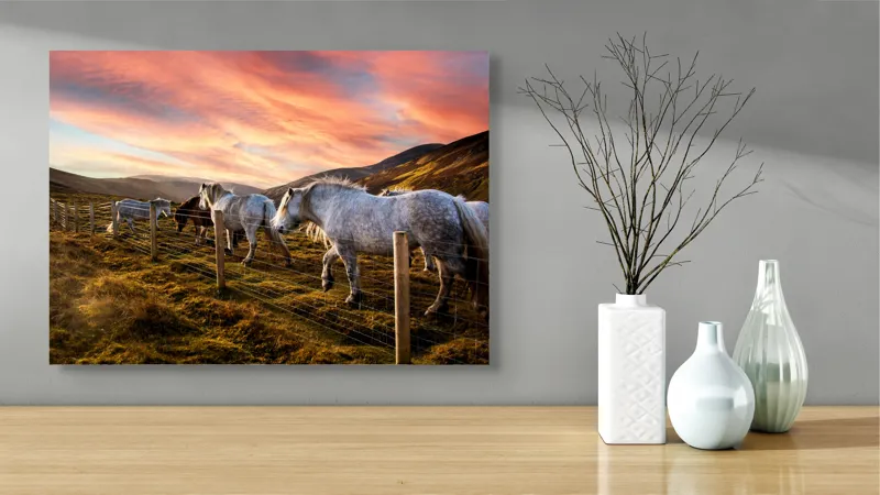 Tablou Canvas, "Cai în amurg pe dealuri sub cerceaf de apus", Calm, Peisaj, Căi, Asfințit, Cer, Munți, Gard, Paradis, Pășune, Frumusețe, 70 x 50 cm – poza 3