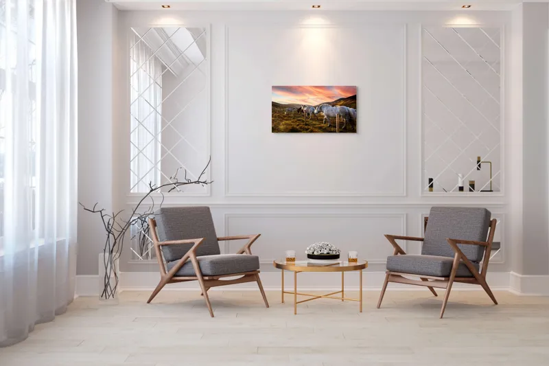 Tablou Canvas, "Cai în amurg pe dealuri sub cerceaf de apus", Calm, Peisaj, Căi, Asfințit, Cer, Munți, Gard, Paradis, Pășune, Frumusețe, 90 x 50 cm – poza 7