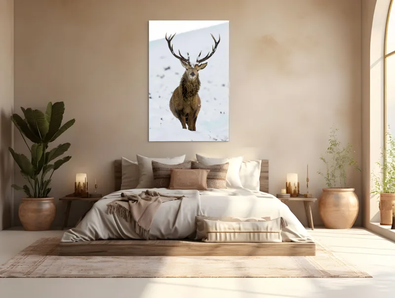 Tablou Canvas, "Cerbul singuratic în zăpada iernii", Deer, Snow, Winter, Antlers, Stare, Majestic, Cold, Nature, Wilderness, White, Calm, Scenery, Solitude, 100 x 150 cm – poza 3