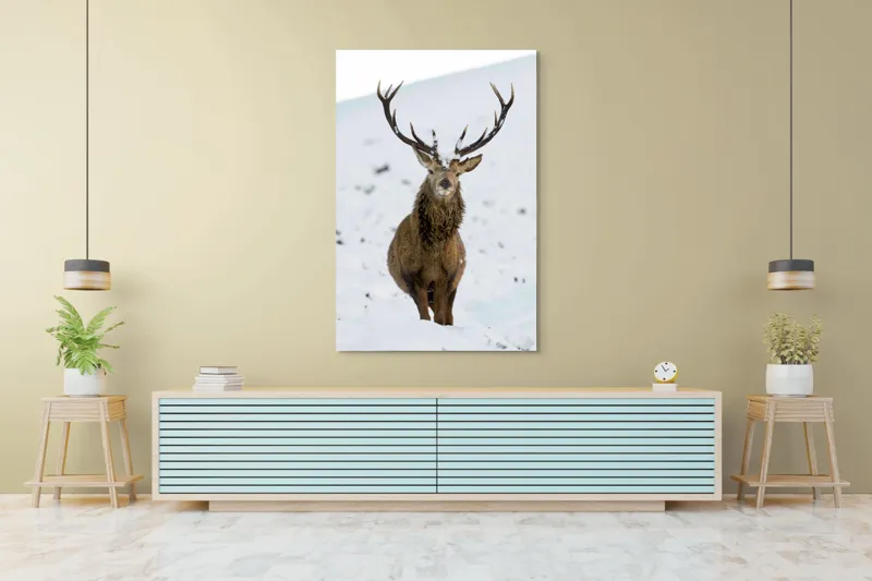 Tablou Canvas, "Cerbul singuratic în zăpada iernii", Deer, Snow, Winter, Antlers, Stare, Majestic, Cold, Nature, Wilderness, White, Calm, Scenery, Solitude, 100 x 150 cm – poza 4