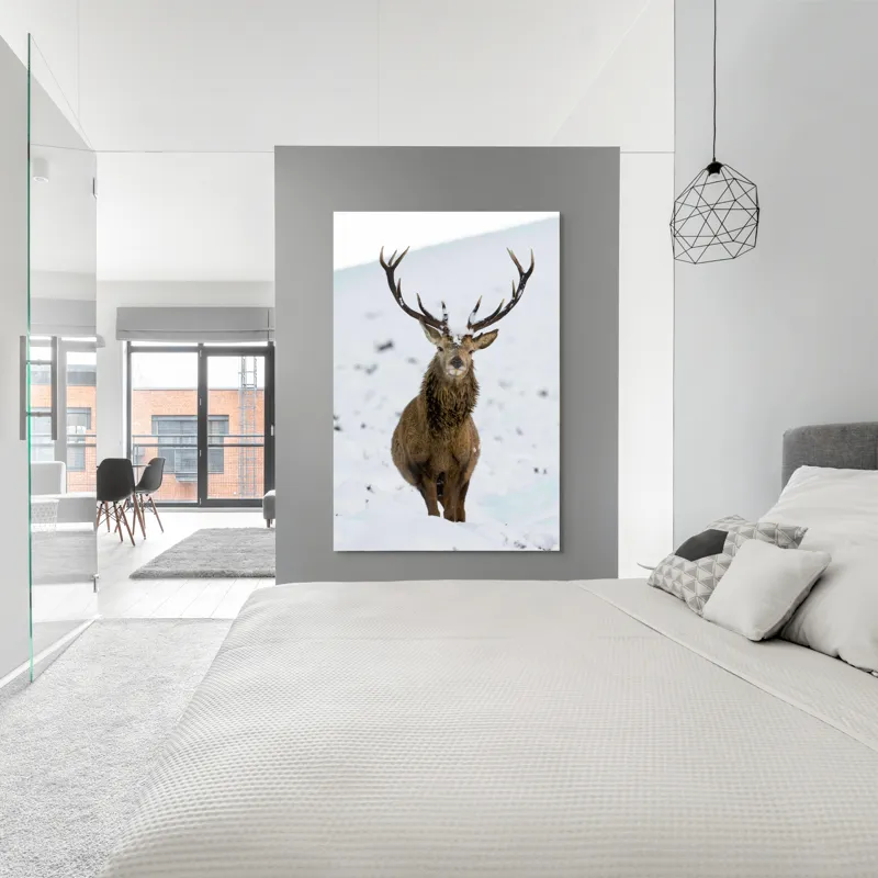 Tablou Canvas, "Cerbul singuratic în zăpada iernii", Deer, Snow, Winter, Antlers, Stare, Majestic, Cold, Nature, Wilderness, White, Calm, Scenery, Solitude, 100 x 150 cm – poza 5