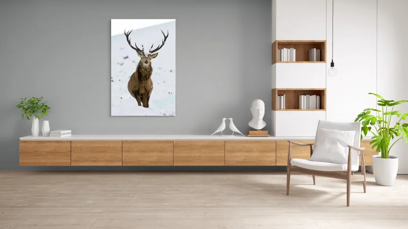 Tablou Canvas, "Cerbul singuratic în zăpada iernii", Deer, Snow, Winter, Antlers, Stare, Majestic, Cold, Nature, Wilderness, White, Calm, Scenery, Solitude, 100 x 150 cm – poza 8