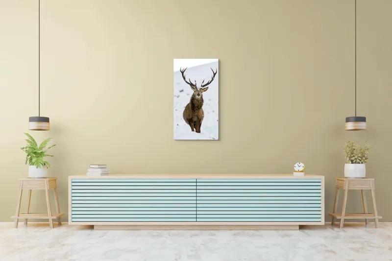 Tablou Canvas, "Cerbul singuratic în zăpada iernii", Deer, Snow, Winter, Antlers, Stare, Majestic, Cold, Nature, Wilderness, White, Calm, Scenery, Solitude, 50 x 90 cm – poza 6