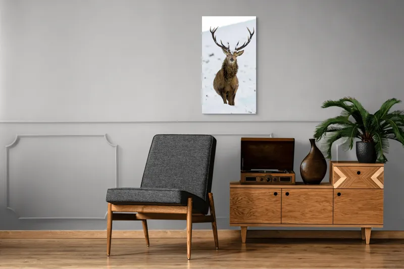 Tablou Canvas, "Cerbul singuratic în zăpada iernii", Deer, Snow, Winter, Antlers, Stare, Majestic, Cold, Nature, Wilderness, White, Calm, Scenery, Solitude, 50 x 90 cm – poza 8