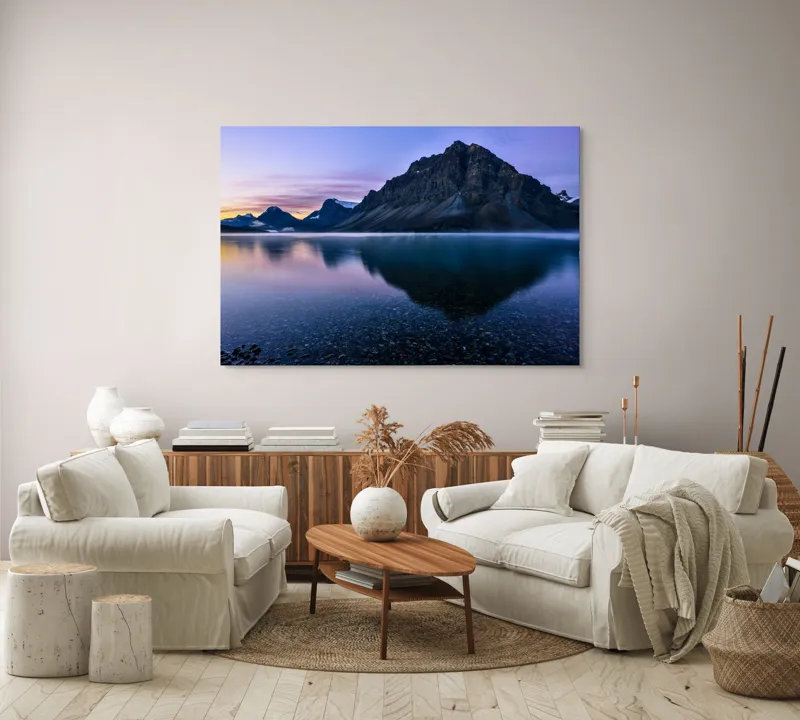 Tablou Canvas, "Reflexia munților în apa limpede", Serenitate, Reflecție, Munți, Apus, Liniște, Natură, 150 x 100 cm – poza 3