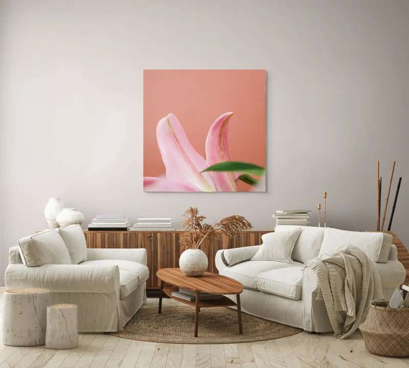Tablou Canvas, "Flori roz în lumina dimineții", Floral, Delicat, Roz, Frunze, Blând, Simplu, Elegant, Pastel, Natural, Primăvară, 100 x 100 cm – poza 3