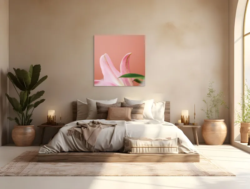 Tablou Canvas, "Flori roz în lumina dimineții", Floral, Delicat, Roz, Frunze, Blând, Simplu, Elegant, Pastel, Natural, Primăvară, 100 x 100 cm – poza 4