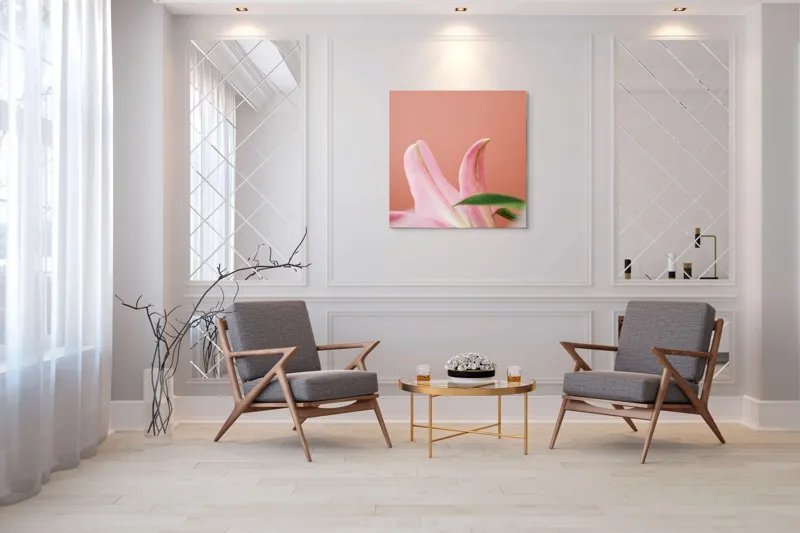 Tablou Canvas, "Flori roz în lumina dimineții", Floral, Delicat, Roz, Frunze, Blând, Simplu, Elegant, Pastel, Natural, Primăvară, 100 x 100 cm – poza 7