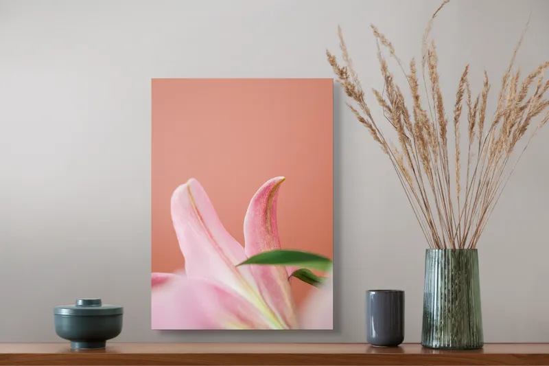 Tablou Canvas, "Flori roz în lumina dimineții", Floral, Delicat, Roz, Frunze, Blând, Simplu, Elegant, Pastel, Natural, Primăvară, 39 x 54 cm – poza 3