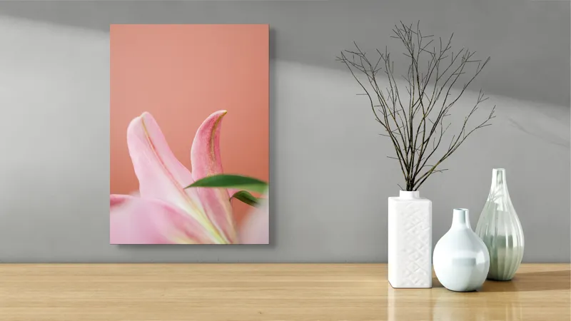 Tablou Canvas, "Flori roz în lumina dimineții", Floral, Delicat, Roz, Frunze, Blând, Simplu, Elegant, Pastel, Natural, Primăvară, 39 x 54 cm – poza 4