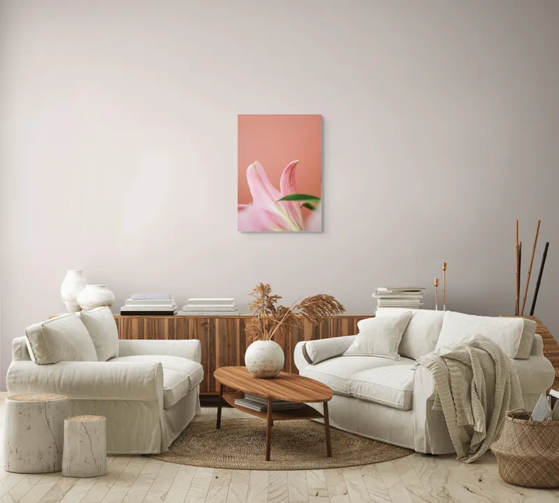 Tablou Canvas, "Flori roz în lumina dimineții", Floral, Delicat, Roz, Frunze, Blând, Simplu, Elegant, Pastel, Natural, Primăvară, 50 x 70 cm – poza 4