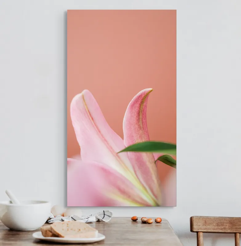 Tablou Canvas, "Flori roz în lumina dimineții", Floral, Delicat, Roz, Frunze, Blând, Simplu, Elegant, Pastel, Natural, Primăvară, 50 x 90 cm – poza 3