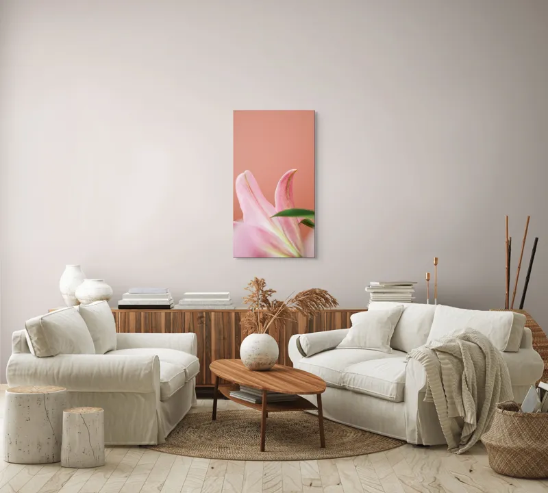 Tablou Canvas, "Flori roz în lumina dimineții", Floral, Delicat, Roz, Frunze, Blând, Simplu, Elegant, Pastel, Natural, Primăvară, 50 x 90 cm – poza 7