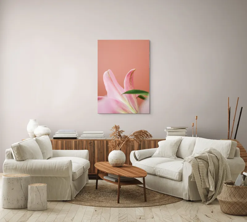 Tablou Canvas, "Flori roz în lumina dimineții", Floral, Delicat, Roz, Frunze, Blând, Simplu, Elegant, Pastel, Natural, Primăvară, 70 x 100 cm – poza 4