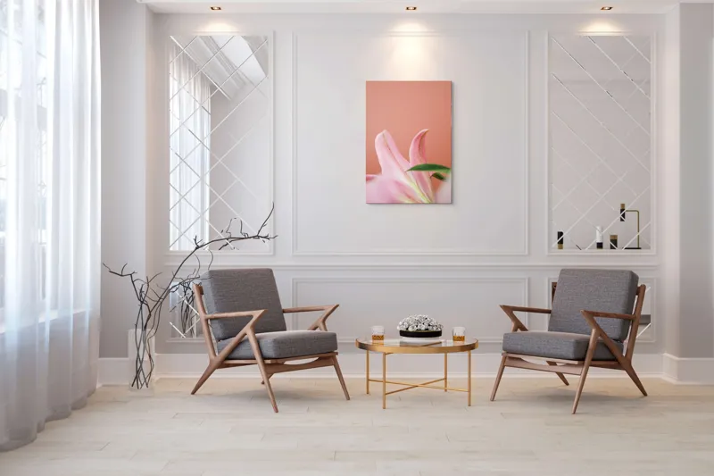 Tablou Canvas, "Flori roz în lumina dimineții", Floral, Delicat, Roz, Frunze, Blând, Simplu, Elegant, Pastel, Natural, Primăvară, 70 x 100 cm – poza 8