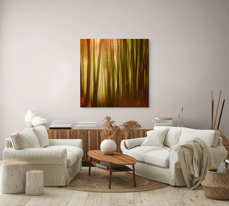 Tablou Canvas, "Pădurea fermecată în lumina apusului", Pădure, Lumină, Mister, Toamnă, Vis, Întuneric, Culoare, Liniște, 100 x 100 cm – poza 3