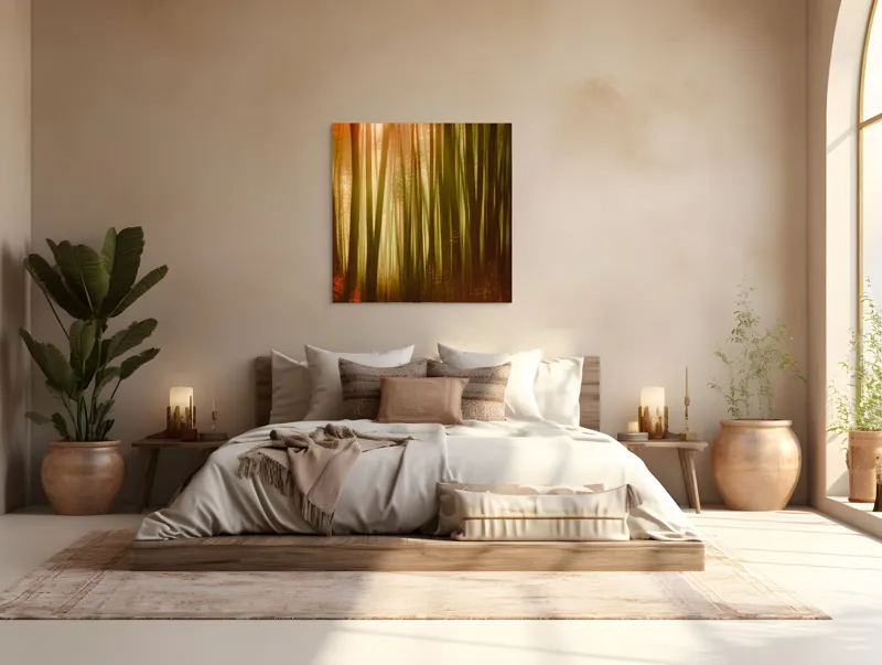 Tablou Canvas, "Pădurea fermecată în lumina apusului", Pădure, Lumină, Mister, Toamnă, Vis, Întuneric, Culoare, Liniște, 100 x 100 cm – poza 4
