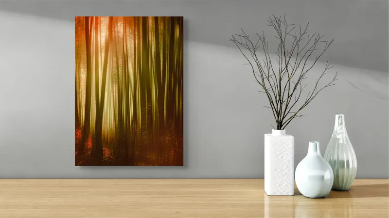 Tablou Canvas, "Pădurea fermecată în lumina apusului", Pădure, Lumină, Mister, Toamnă, Vis, Întuneric, Culoare, Liniște, 39 x 54 cm – poza 4