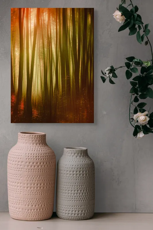 Tablou Canvas, "Pădurea fermecată în lumina apusului", Pădure, Lumină, Mister, Toamnă, Vis, Întuneric, Culoare, Liniște, 39 x 54 cm – poza 6