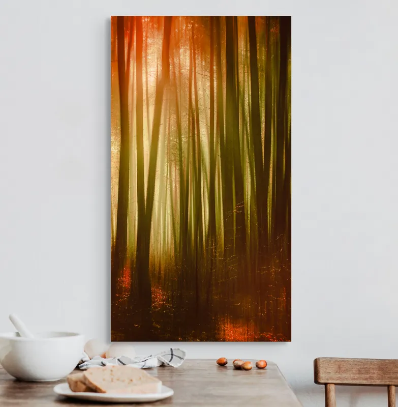 Tablou Canvas, "Pădurea fermecată în lumina apusului", Pădure, Lumină, Mister, Toamnă, Vis, Întuneric, Culoare, Liniște, 50 x 90 cm – poza 3