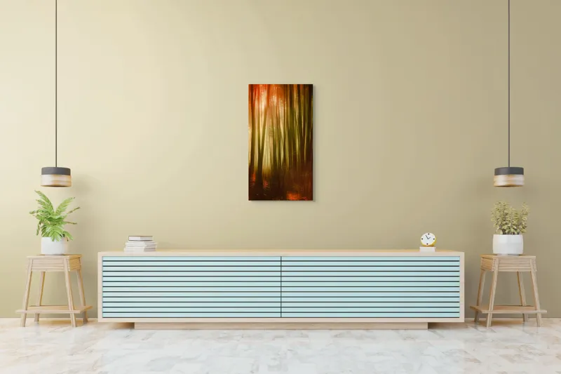 Tablou Canvas, "Pădurea fermecată în lumina apusului", Pădure, Lumină, Mister, Toamnă, Vis, Întuneric, Culoare, Liniște, 50 x 90 cm – poza 6