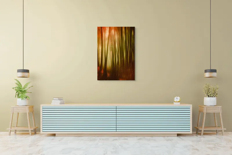 Tablou Canvas, "Pădurea fermecată în lumina apusului", Pădure, Lumină, Mister, Toamnă, Vis, Întuneric, Culoare, Liniște, 70 x 100 cm – poza 5