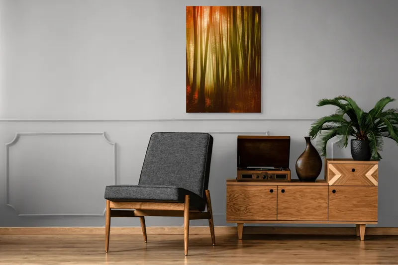 Tablou Canvas, "Pădurea fermecată în lumina apusului", Pădure, Lumină, Mister, Toamnă, Vis, Întuneric, Culoare, Liniște, 70 x 100 cm – poza 6